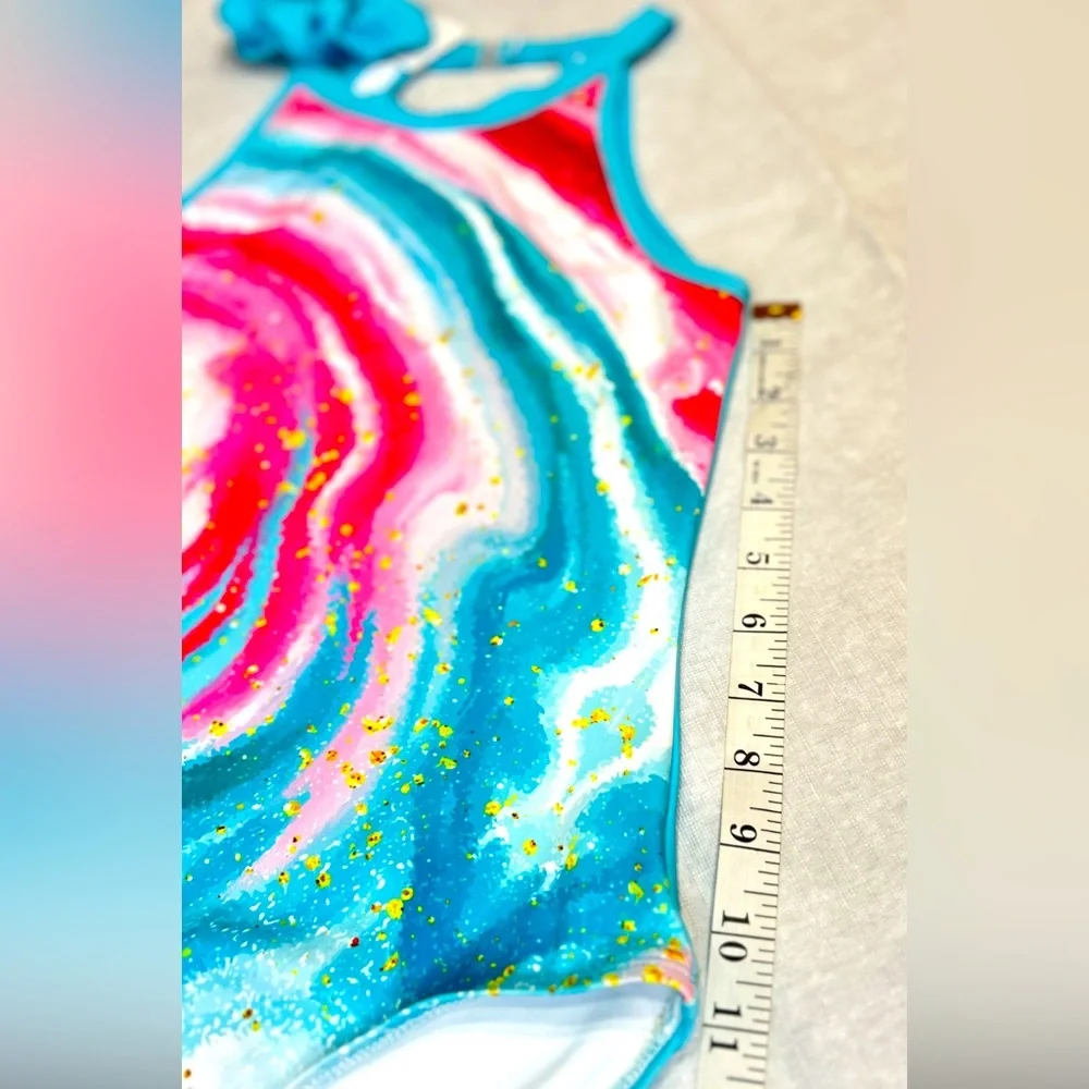 Leotard Girls 2XL (12-13Y) Sleeveless Joystream Pink Blue Gold w/scrunchie